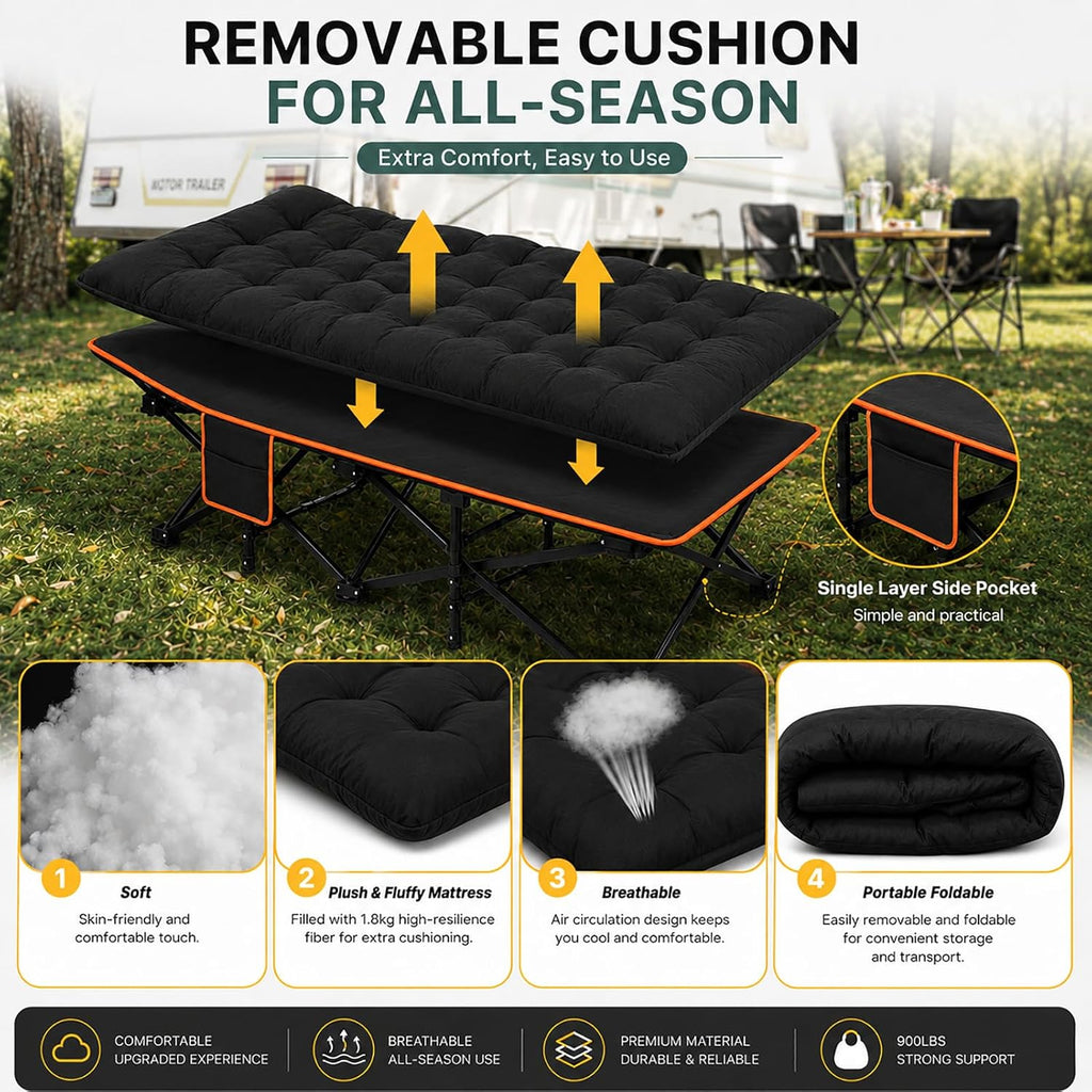 Redeer Camping Cot with Mattress 900LB, Heavy Duty Cots for Adults 75"x28" 1200D Oxford Folding Cot, Pad Bed for Camping, Home, Hospital Care, Office, Beach, Pool, Hiking, Carry Bag(Black)