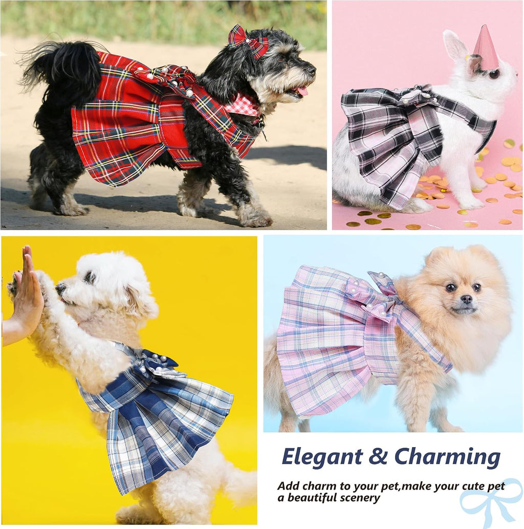Dog Dress Bowknot Harness Leash Set for Small Dogs Girl Cute Plaid Dog Dress Pearls Bow Tie Spring Summer Princess Clothes Birthday Holiday Doggie Outfits for Puppy Cats Girl Apparel (Red, Small)