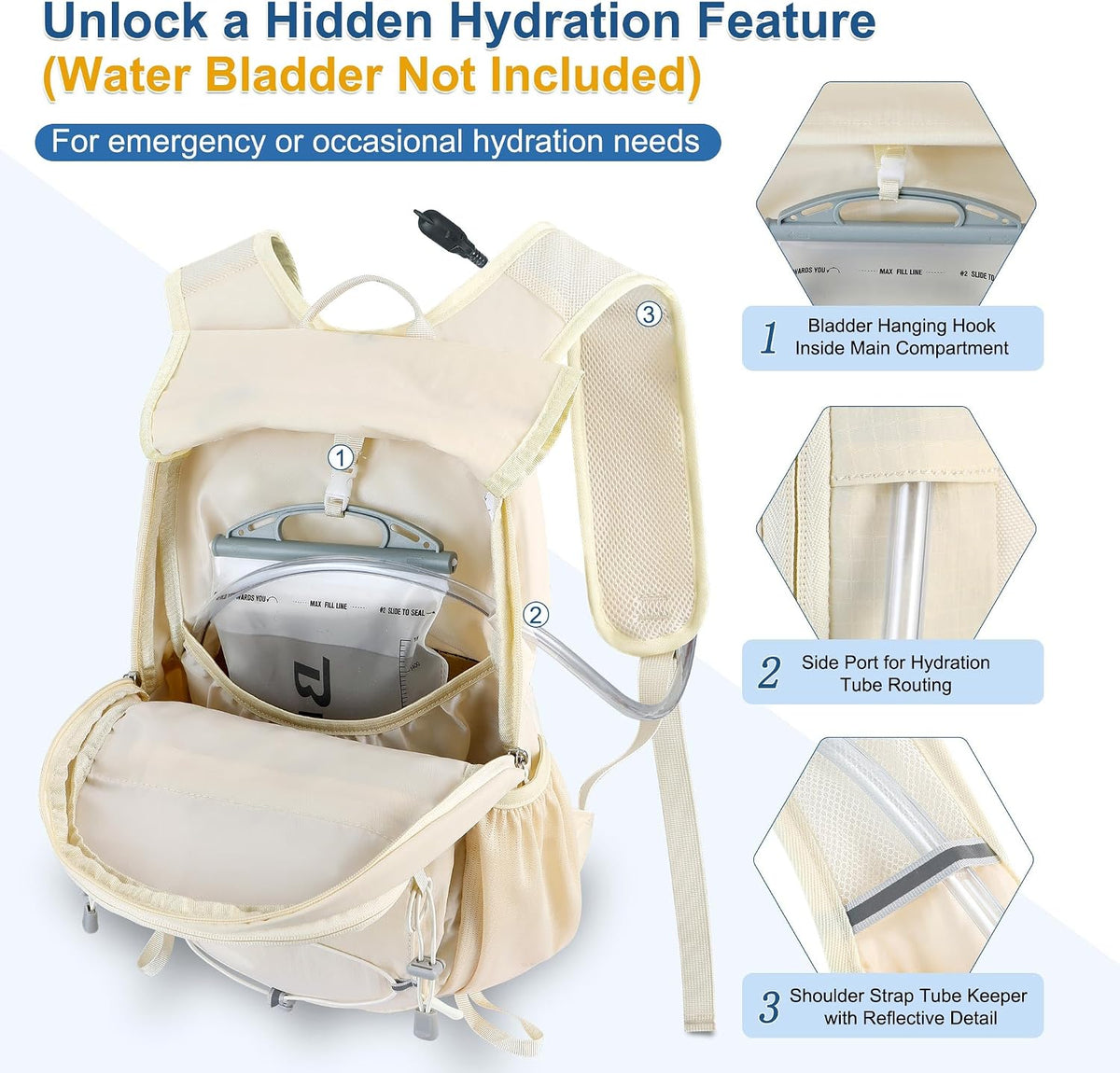 BECOJADDE Hiking Backpack 15L Small Backpack Packable Day pack Water Resistant Lightweight Travel Backpack for Women Men with Shoulder Strap Pockets for Hiking Camping Outdoor, Beige
