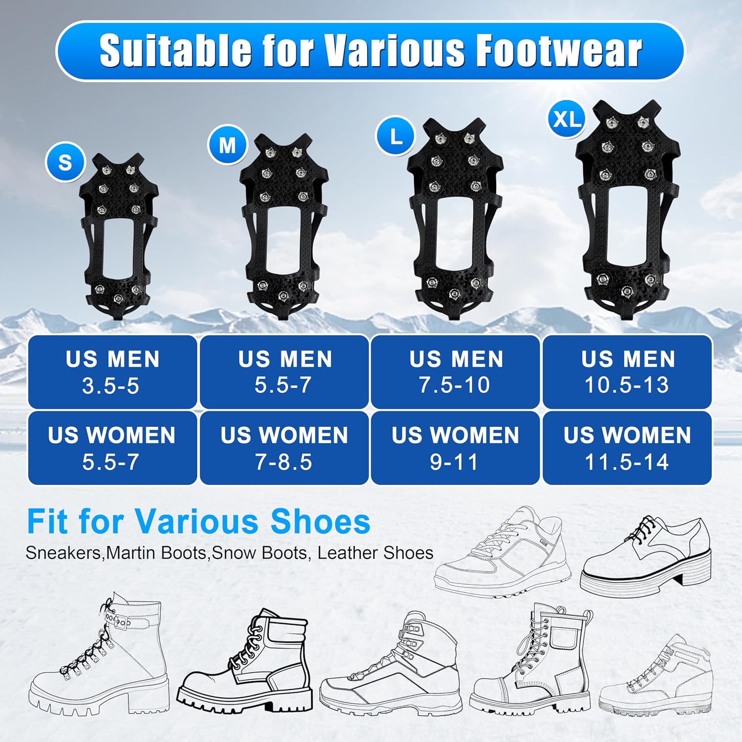Crampons Ice Cleats for Shoes and Boots Snow Traction Cleats for Walking on Snow and Ice 9 Point Cleats Non-Slip Grippers Overshoe Silicone Stretch Footwear for Winter Hiking Climbing Ice Fishing