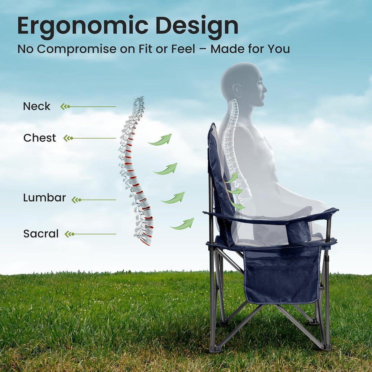 2 Pack Folding Camping Chairs for Adults - High Back Padded Outdoor Lawn Chairs with Lumbar Support & Cup Holder, 500lbs Heavy Duty Portable Camping Chairs Set (Blue & Gray, 2 PCS)