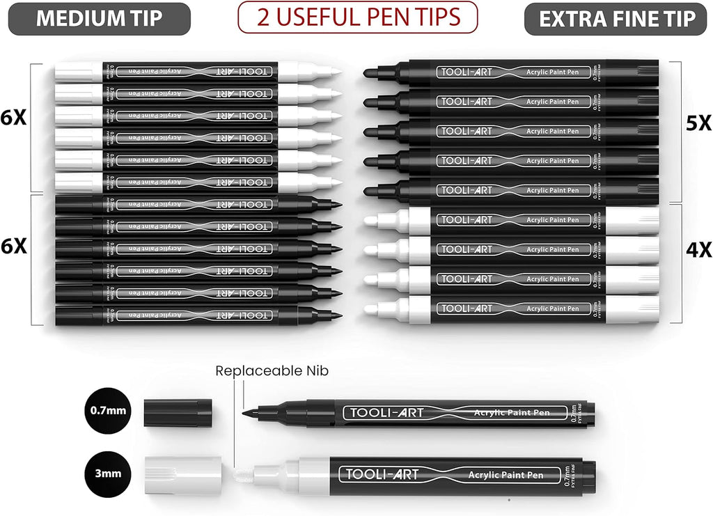 TOOLI-ART Black And White Acrylic Paint Markers Paint Pens Set For Rock Painting, Canvas, Mugs, Metal, Glass Paint, Fabric, Wood, DIY. Non Toxic, Quick Dry,Waterbas (EXTRA FINE & MEDIUM)