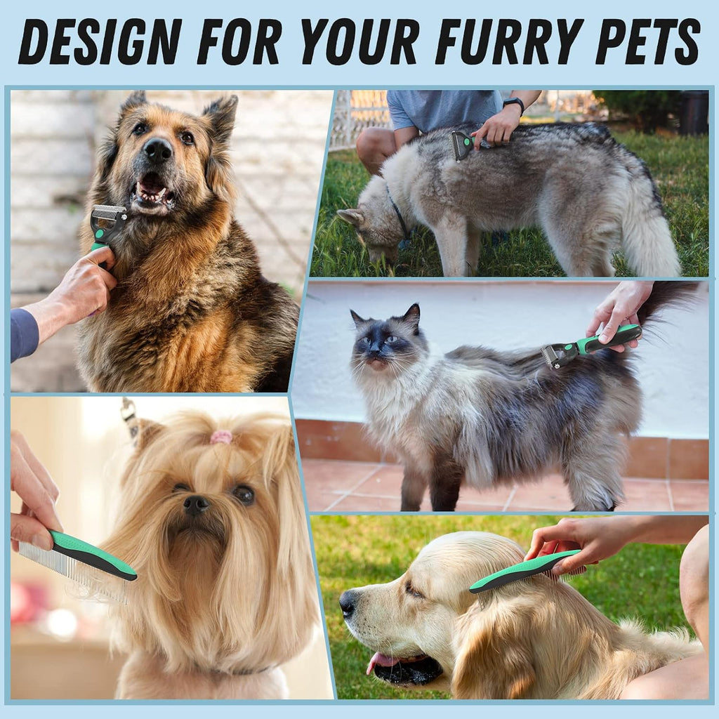 Docrok Pet Grooming Brush and Metal Comb Combo for Dogs & Cats, Green