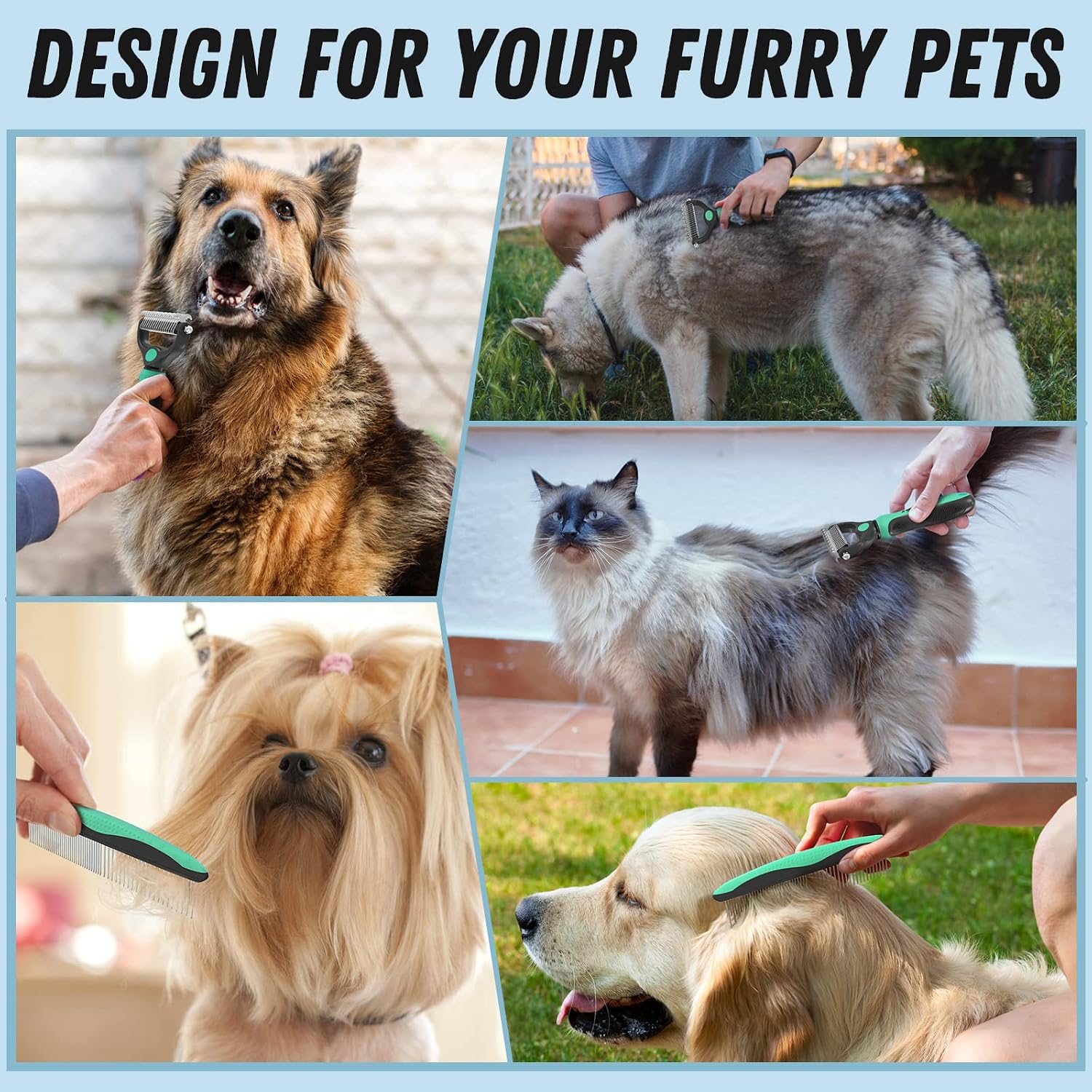 Docrok Pet Grooming Brush and Metal Comb Combo for Dogs & Cats, Green