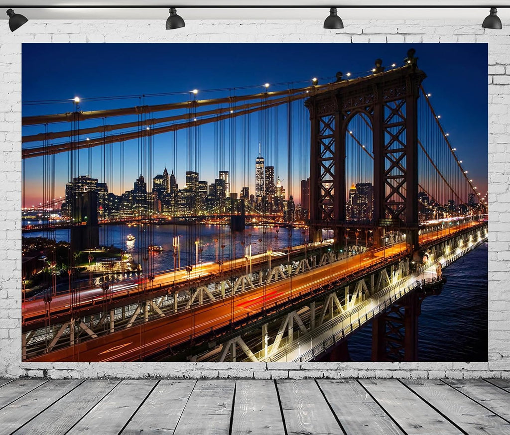 7x5ft Fabric New York Brooklyn Bridge Backdrop Night New York City Bridge River Building Lights Photography Background for NYC Travel Theme Party Decor Photo Studio Props