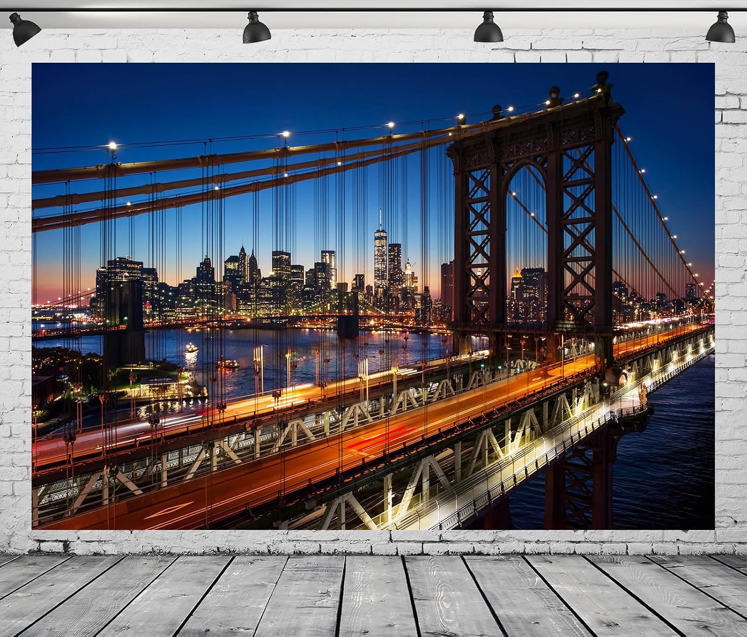 7x5ft Fabric New York Brooklyn Bridge Backdrop Night New York City Bridge River Building Lights Photography Background for NYC Travel Theme Party Decor Photo Studio Props
