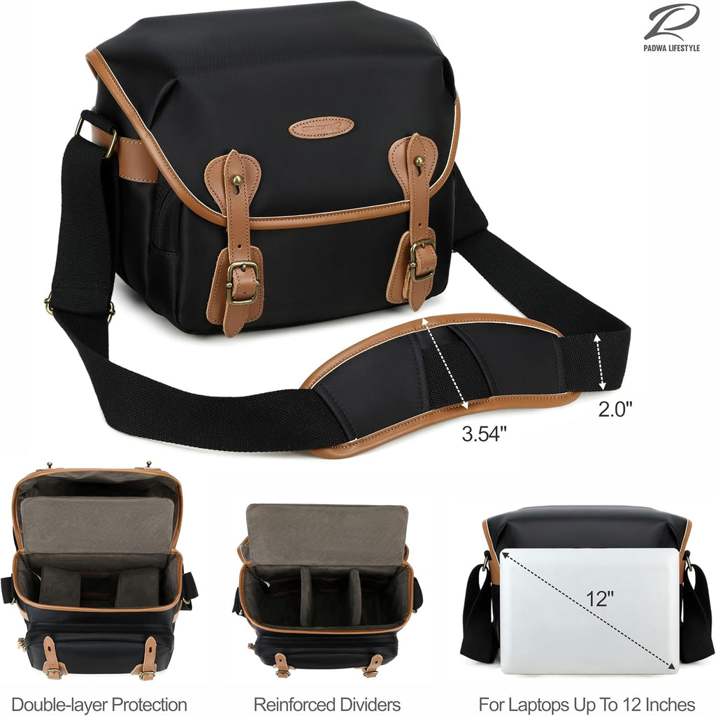 Padwa Lifestyle Black Sling Camera Bag - Waterproof Nylon Crossbody Photography Bags with Thick Shell,Fleece Compartments & Wide Padded Strap,Safety Protection for Photographers Camera,Lens & Drone