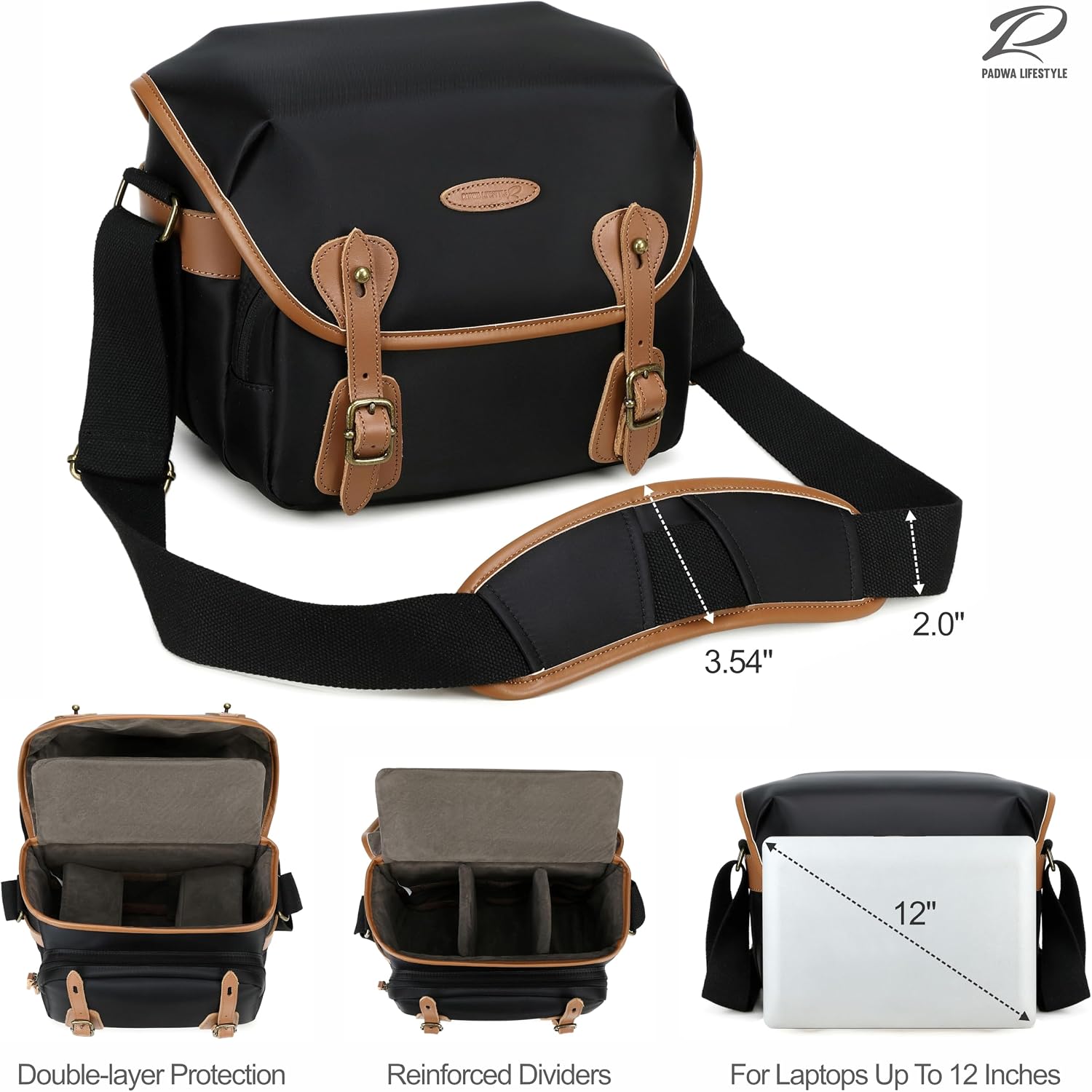 Padwa Lifestyle Black Sling Camera Bag - Waterproof Nylon Crossbody Photography Bags with Thick Shell,Fleece Compartments & Wide Padded Strap,Safety Protection for Photographers Camera,Lens & Drone