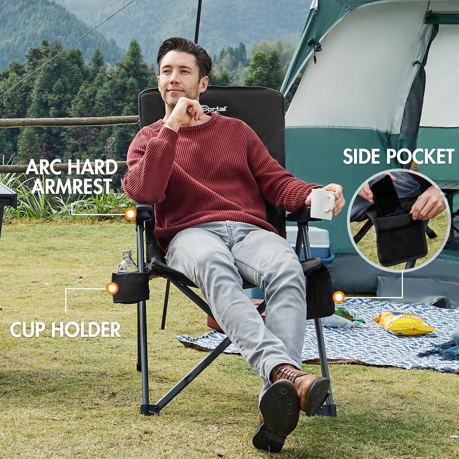 Portal Reclining Camping Chair with Adjustable Back, Black