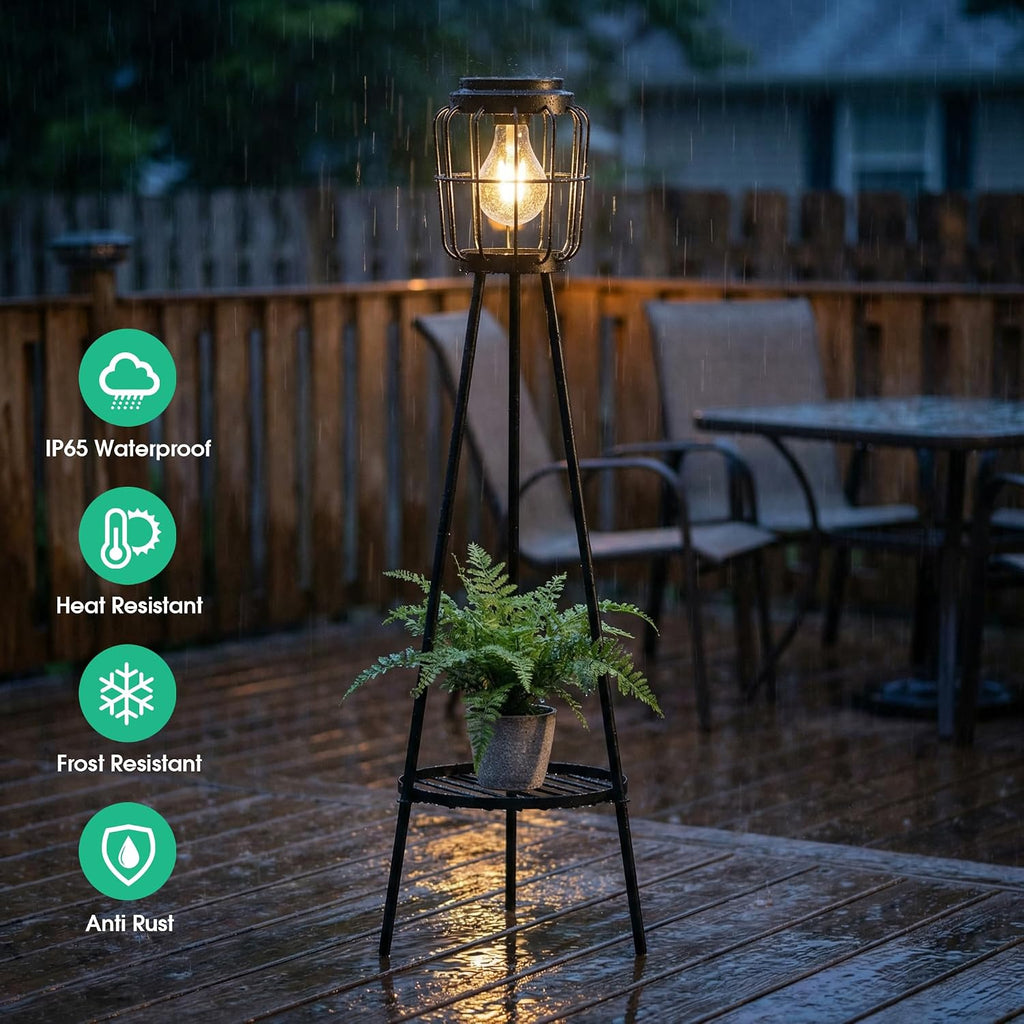 VISFLAIR Solar Lights with Plant Stand, Outdoor Floor Lamp, Waterproof Solar LED Edison Bulb Light Flower Shelf for Patio Porch Deck Yard Garden Decor-1 Pack