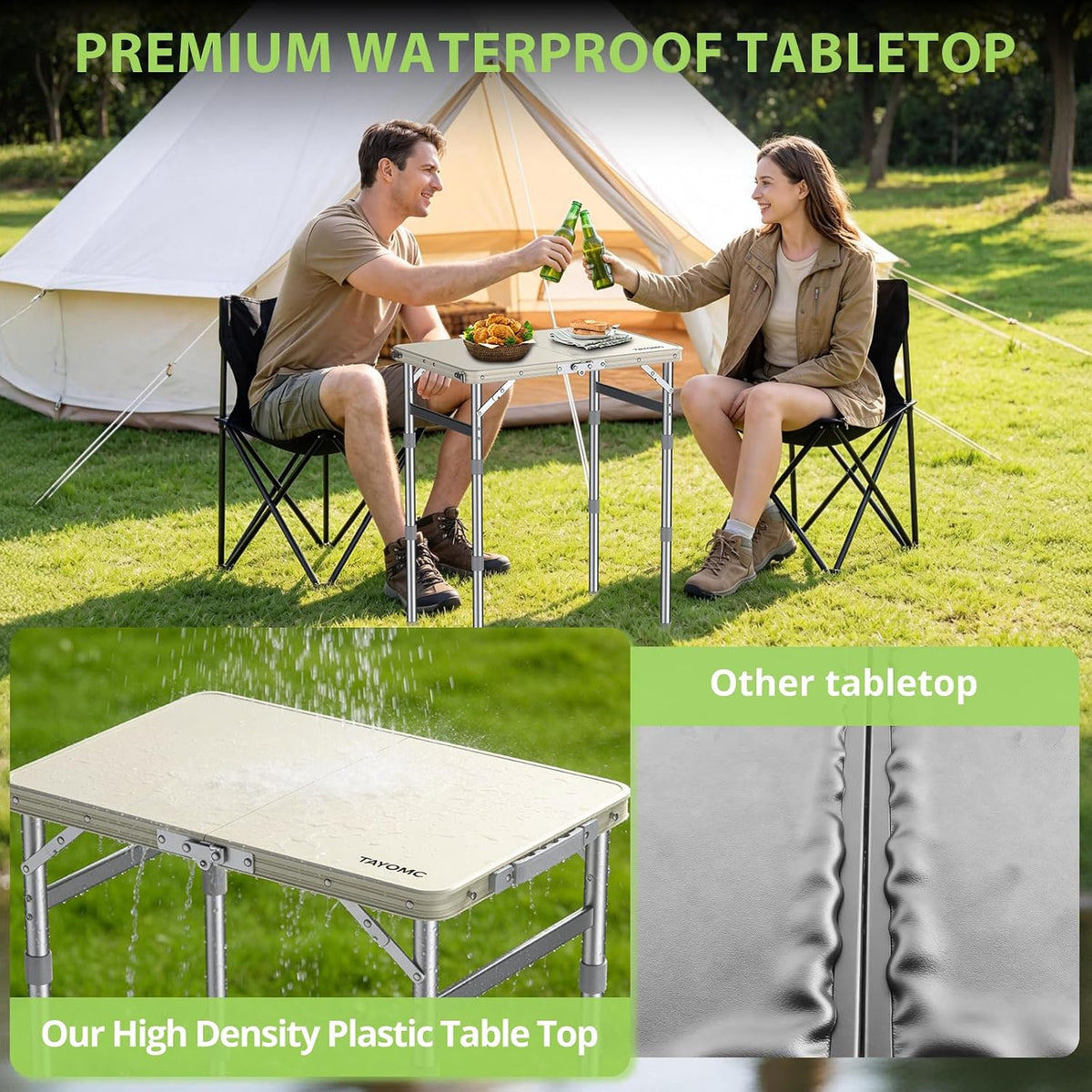 2ft Plastic Folding Camping Table, 3 Adjustable Height Waterproof Small Folding Table Lightweight & Portable with Carry Handle for Outdoor Camping RV Travel Picnic Beach, 22.8" X 15.7", White