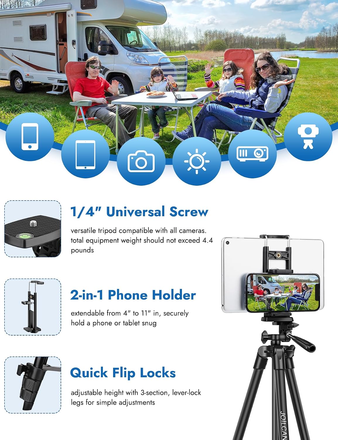 JOILCAN 67" Camera Tripod, Phone Tripod for iPad with Remote Carry Bag