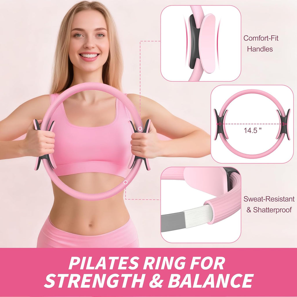 NANATI Pilates Kit, Home Pilates Workout Kit for Women, Pilates Equipment with 14.5"" Pilates Ring and Ball, Resistance Bands, Ankle Weights, Sliders & Grip Socks for Home Workouts