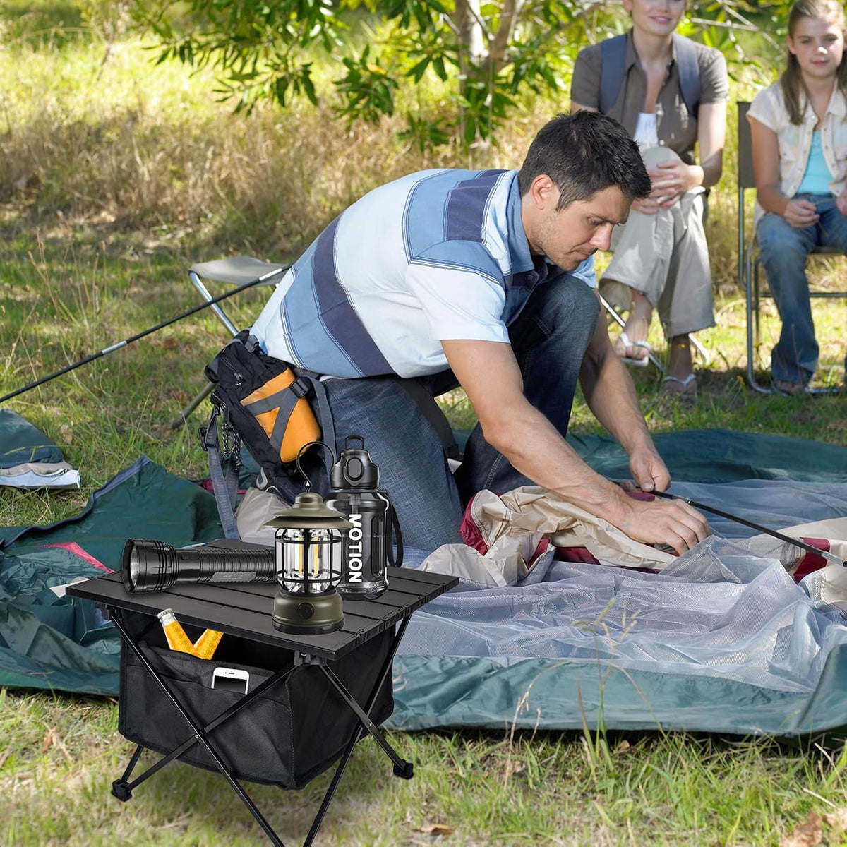 Foldable Camping Side Table, Ultralight Small Beach Aluminum, Portable Outdoor Table with Carry Bag and Storage for Picnic, Grill, Hiking, Fishing, Sand, Camping, Black