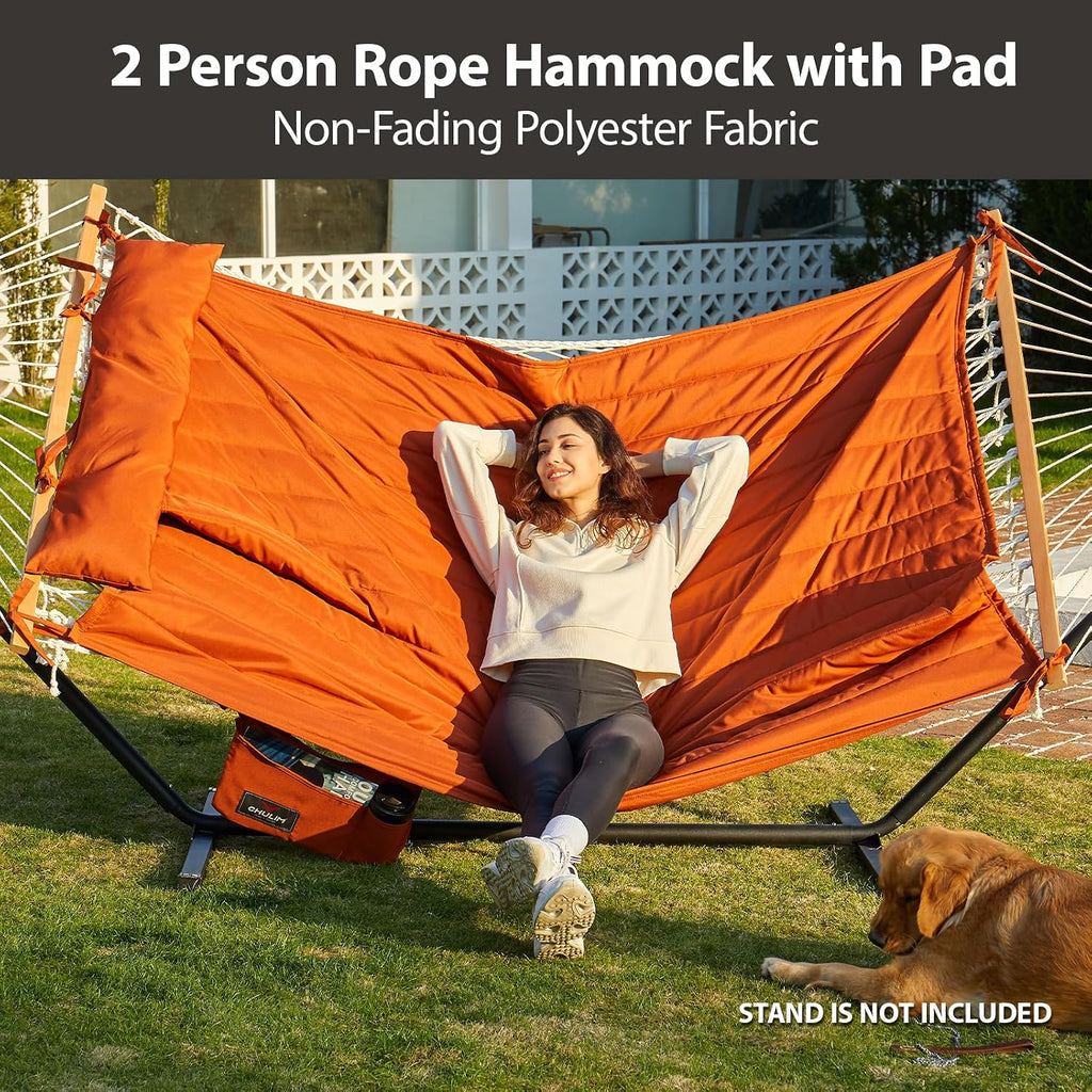 CHULIM Outdoor Double Hammock with Hardwood Spreader Bars, Large Rope Hammock with Polyester Pad and Pillow, 475 LBS Capacity for 2 Person Patio Backyard Poolside - Terracotta