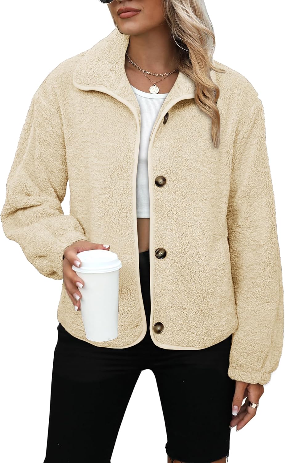Glamaker Womens Sherpa Fleece Fuzzy Jackets Casual Warm Winter Button Down Long Sleeve Fluffy Coats 2025 Fall With Pockets