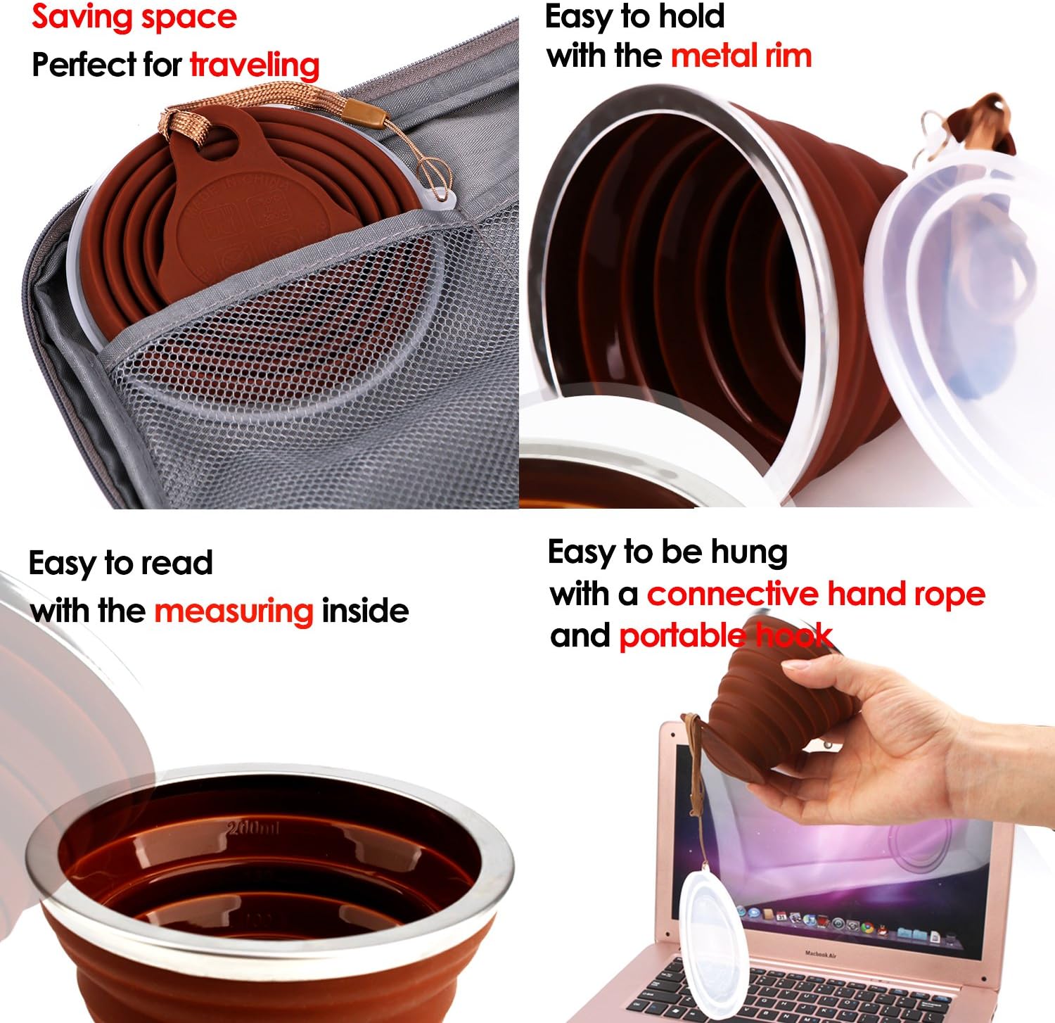 ME.FAN Silicone Collapsible Travel Cup - Silicone Folding Camping Cup with Lids - Expandable Drinking Cup Set - Portable, Graduated [9.22oz]