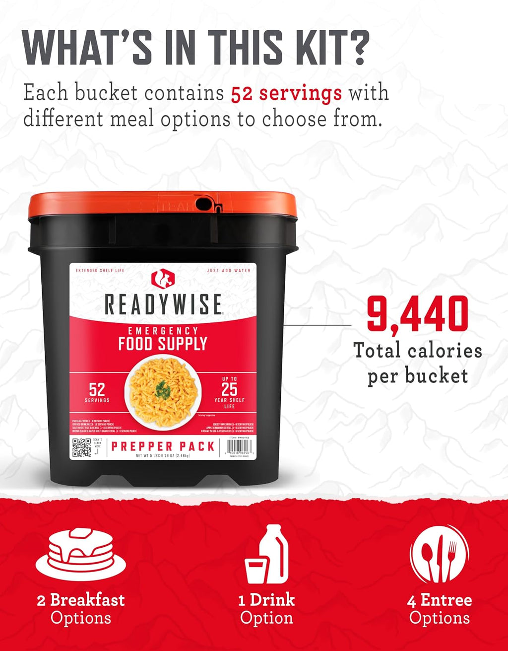 READYWISE Emergency Food Survival Supply Prepper Pack Bucket, 52 Servings