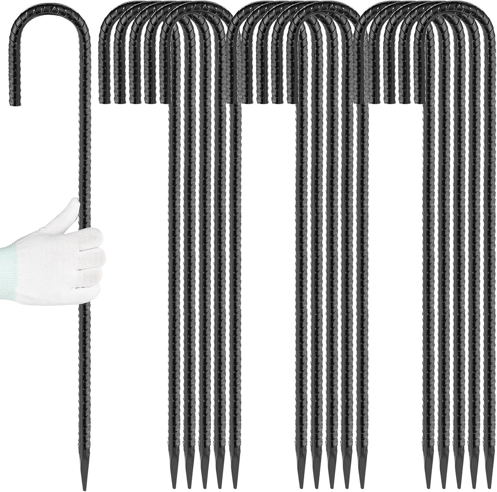 Besitu 24 inches J Hook Rebar Stakes (16-Pack), Extra Long Garden Stakes with Chisel Point End Steel Rebar Ground Stakes for Tent Chain Link Fence and Outdoor Decorations Black Coated
