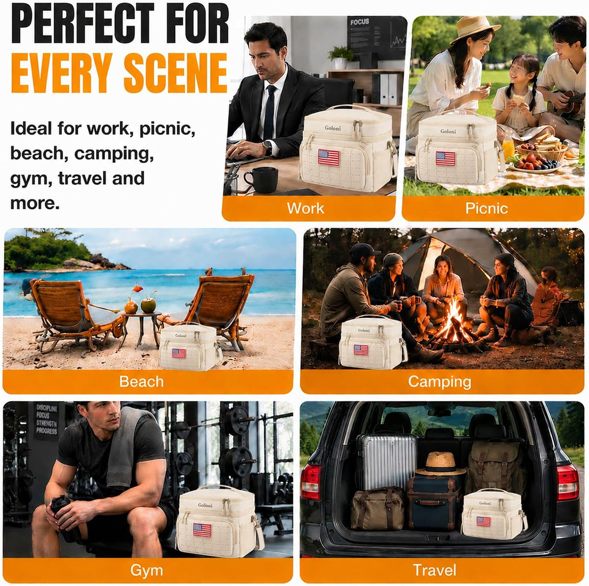 Goloni Lunch Box for Men & Women, Small Cooler Soft Thermal Leakproof Bag with Shoulder Strap, Multi-Pockets for Picnic, Beach, Camping