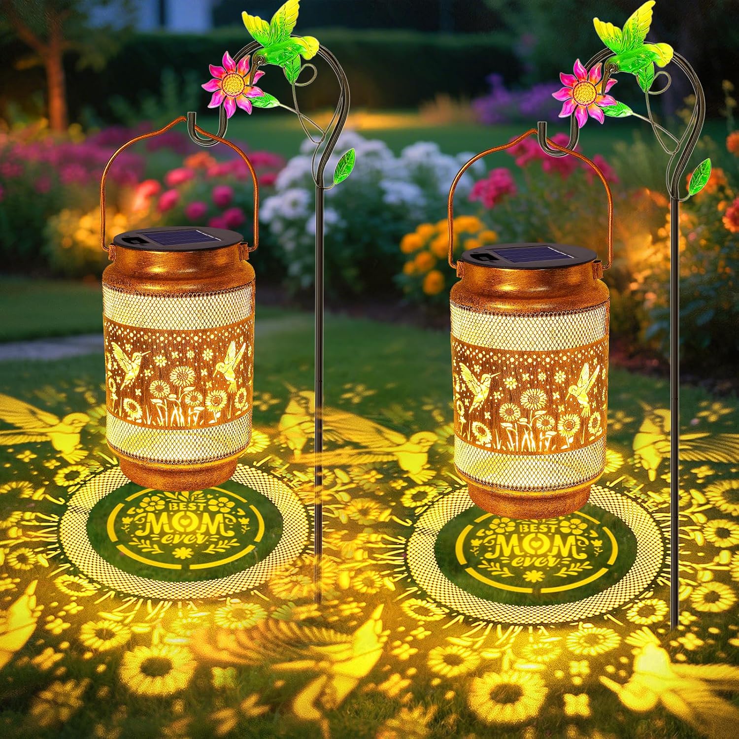 Gifts for Mom, Mom Gift Solar Lanterns Outdoor, Birthday Gift from Daughter Son, Metal Solar Hanging Hummingbird Lights with Shepherd Hook for Outside Garden Yard Patio Pathway (2 Pack)