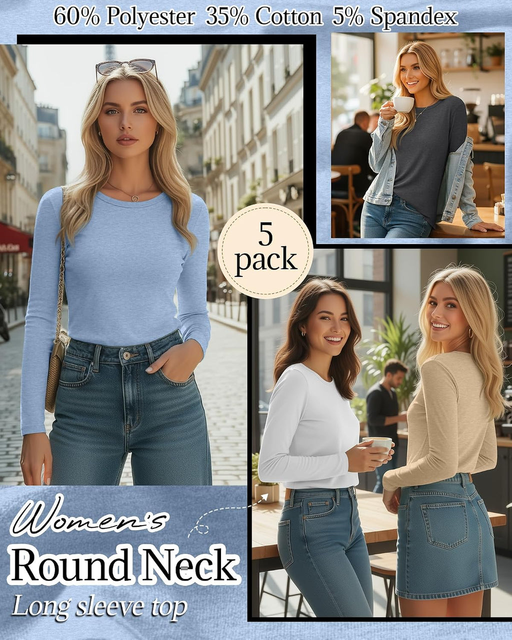 Huukeay 5 Pack Women's Crew Neck Long Sleeve Shirts