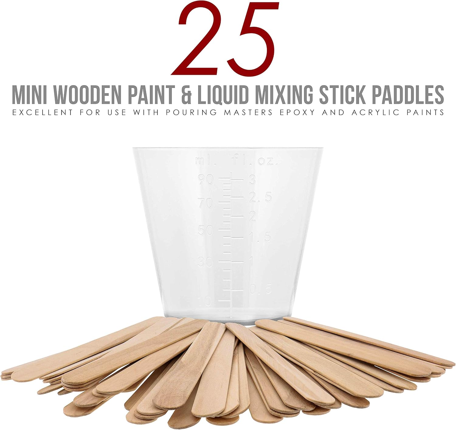 Pouring Masters 3 Oz (90 ml) Liquid Measuring Cups, 50 Pack with 25 Sticks