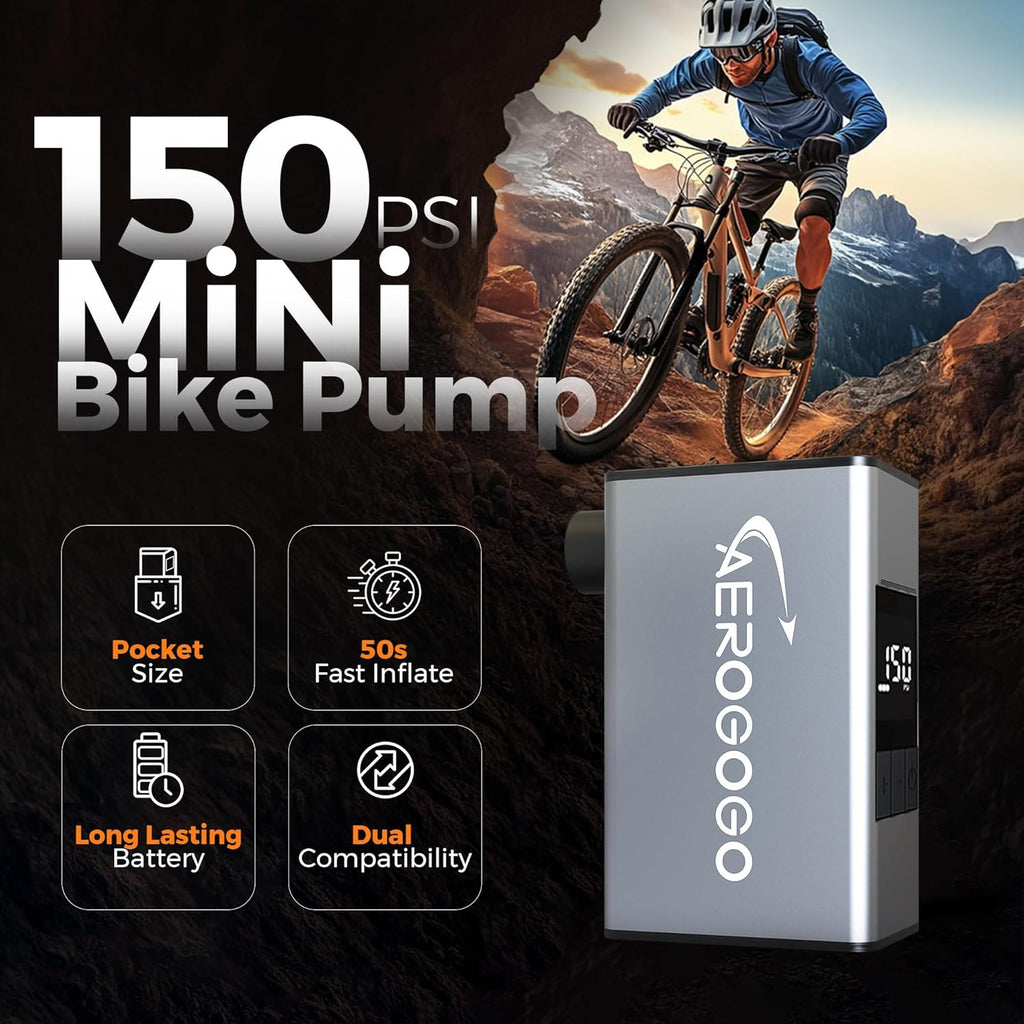 Aerogogo 150PSI Mini Bike Tire Pump, 25s Fast Inflate Bike Pump with Gauge, Portable Tire Inflator Bike Air Pump with Presta and Schrader Valve, Suitable for Road, Mountain, E-Bike