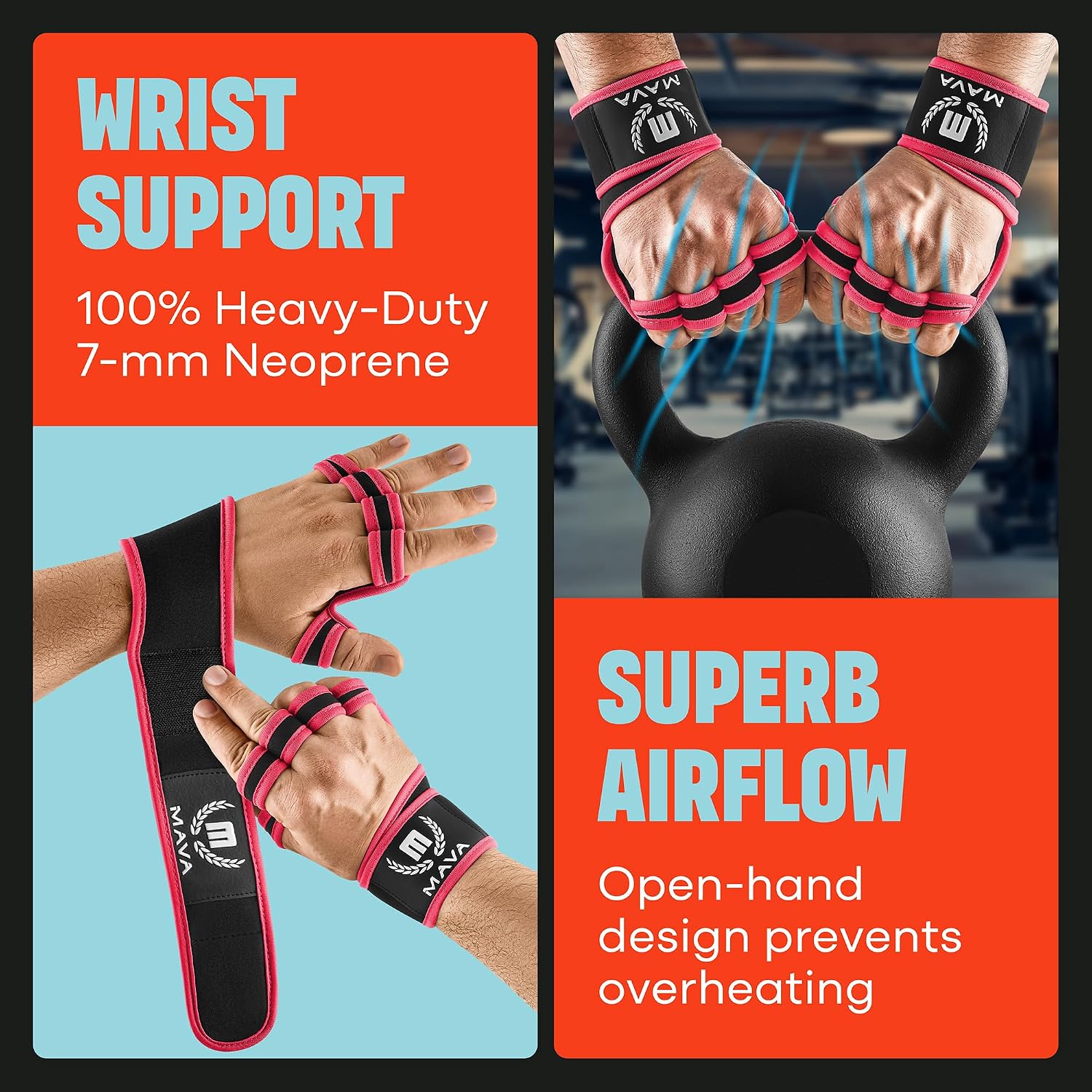Mava Sports Open Gym Gloves with Integrated Wrist Support – Padded Weight Lifting Gloves for Men & Women – Silicone Grip Fingerless Workout Gloves for Cross Training & Fitness – 1 Pair
