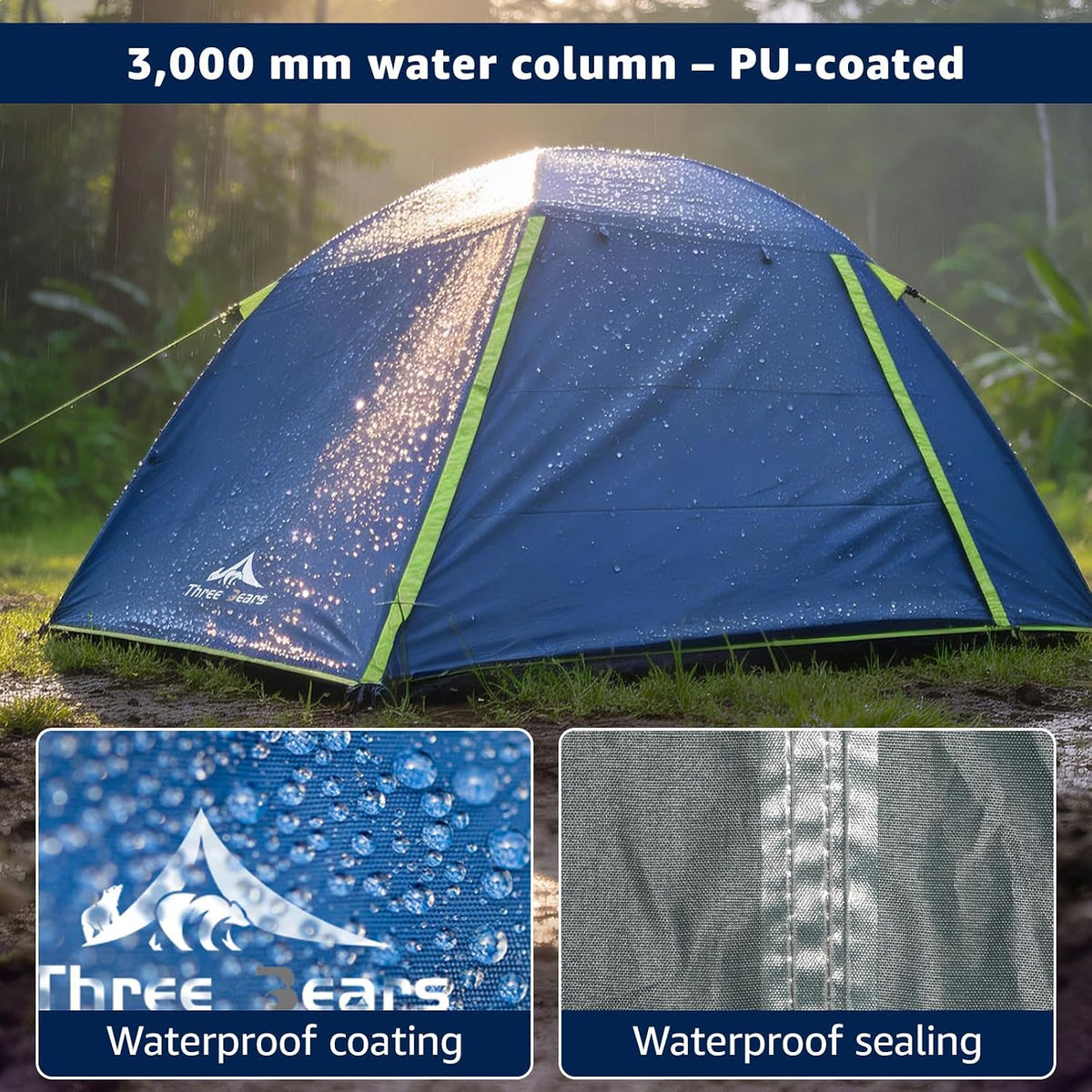 ThreeBears 2-Person Camping Tent, Waterproof & Windproof Lightweight Backpacking Tent for Hiking, Camping, Mountaineering & Travel - Durable & Easy Setup