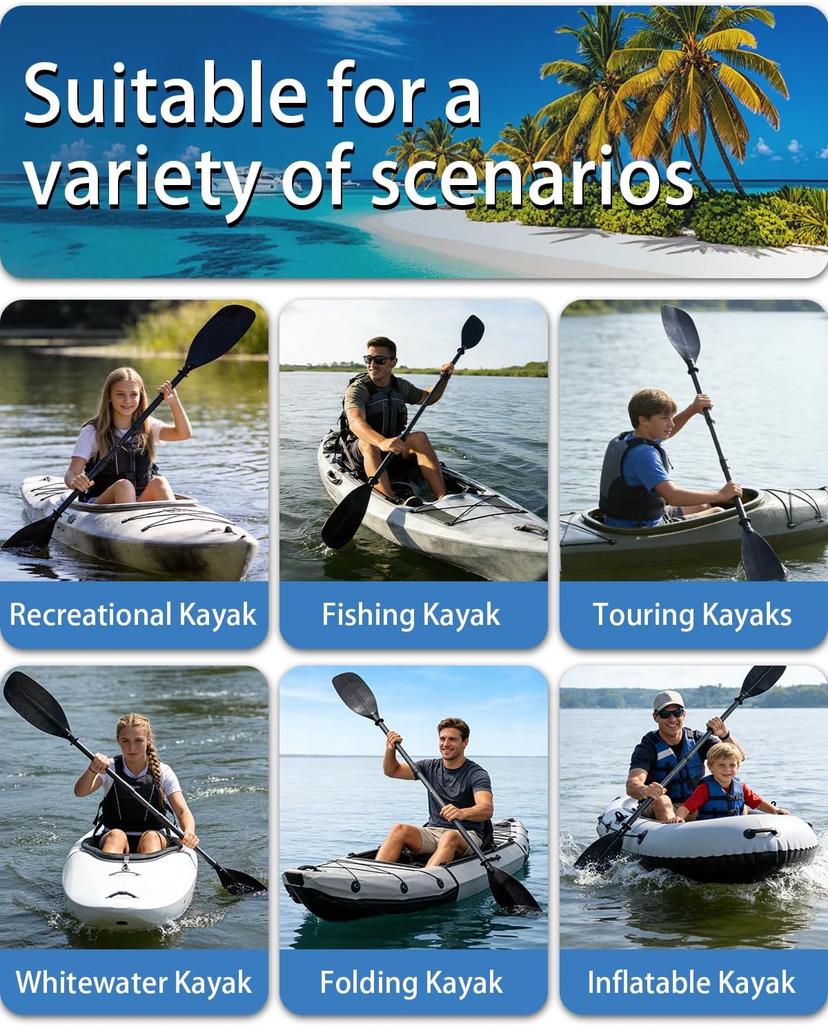 Adjustable Kayak Paddle, 62"–87" Telescopic Kayak Paddle Stainless Steel Shaft & Fiberglass Blades Detachable Travel Canoeing Kayaking Oar for Teens & Adults