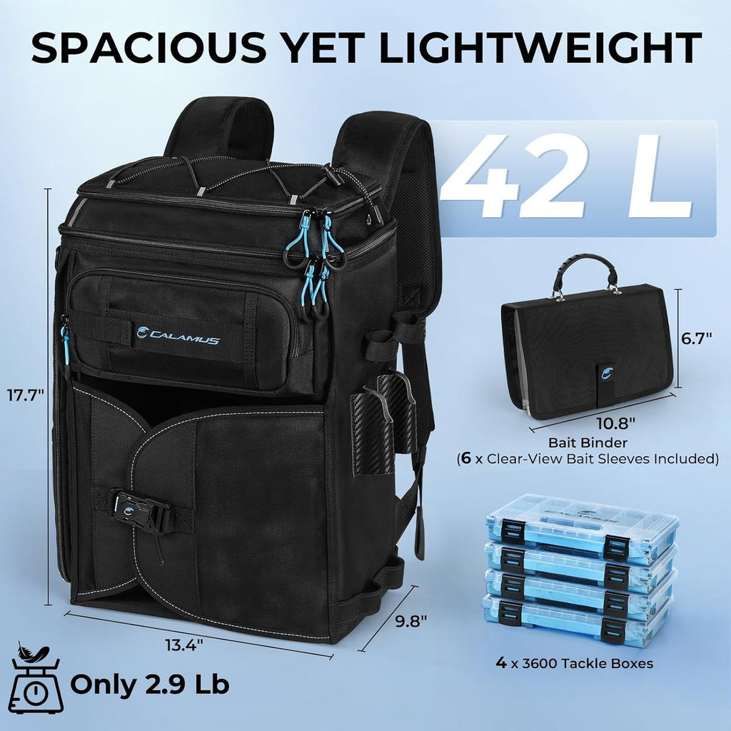 Calamus GearMaster Fishing Backpack with Bait Binder, Black With (4) 3600 Tackle Boxes