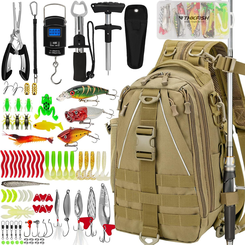THKFISH 85Pcs Fishing Tool Kit, Fishing Backpack with Tackle Boxes Included, Fishing Tackle Kit Include Fishing Bait Lure Gear Kit, Fishing Pliers, Fish Hook Remover, Lip Gripper