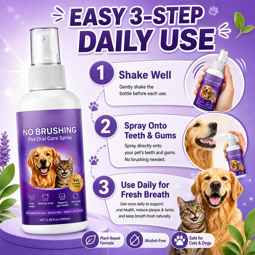 Wanban No Brushing Pet Oral Care Spray, Breath Freshener & Teeth Cleaning Spray for Dogs & Cats, Gentle Daily Oral Care for Pets
