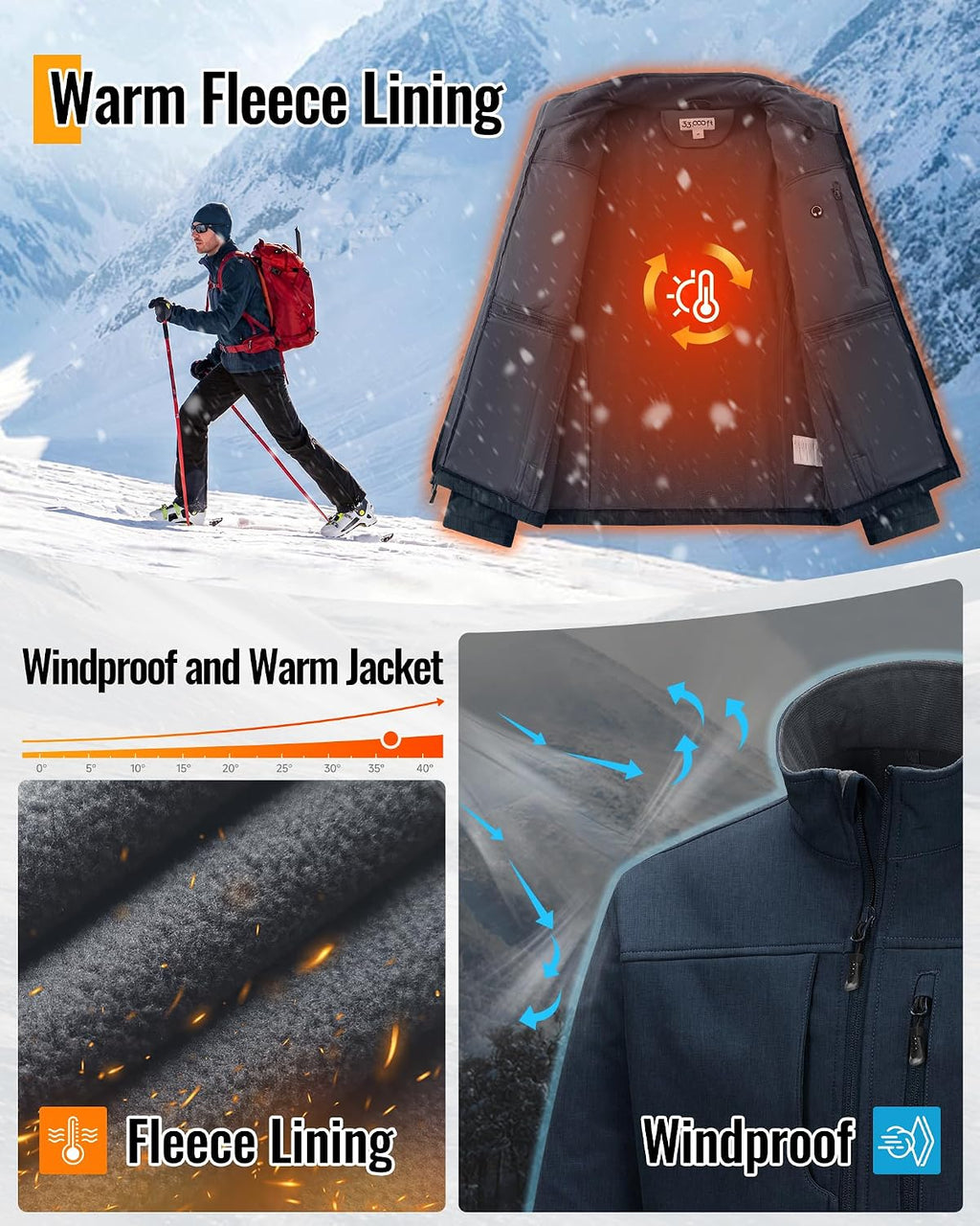 33,000ft Men's Lightweight Softshell Jacket Fleece Waterproof Windbreaker
