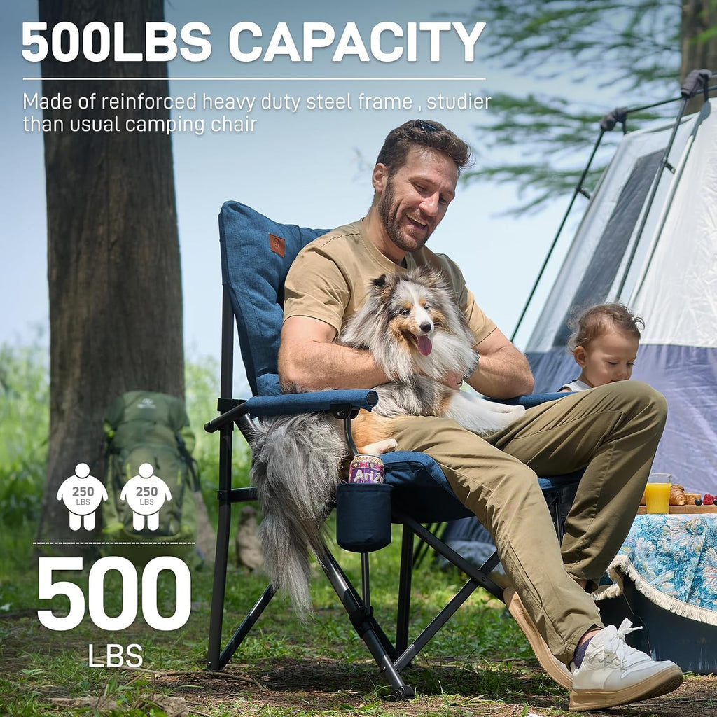 EVER ADVANCED Padded Oversized Folding Camping Chair for Adults, Heavy Duty Lawn Chair with Side Pockets, Portable Collapsible Quad Chair for Outside, Support Up to 500lbs, Blue