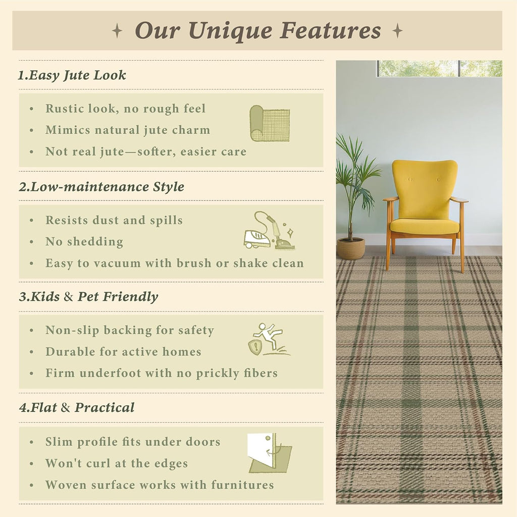JTJ Easy Jute Outdoor Rug 3x5, Washable Farmhouse Plaid for Front Porch and Entryway, Non Slip Mat for Kitchen, Mudroom and Indoor Spaces, Sage Green
