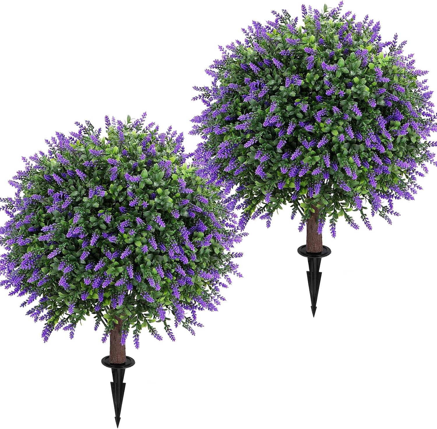 Artificial Red Eucalyptus Topiary Ball Tree 24" with Ground Spike, Set of 2 Artificial Boxwood Bushes for Faux Shrubs, Fake Evergreen Faux Plant for Indoor Outdoor Garden -UV Resistant–Fade-Proof