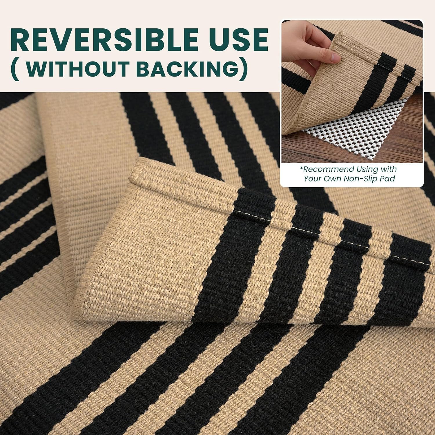 KOZYFLY 3'x5' Striped Area Rug, Brown and Black Woven Cotton Outdoor Rug