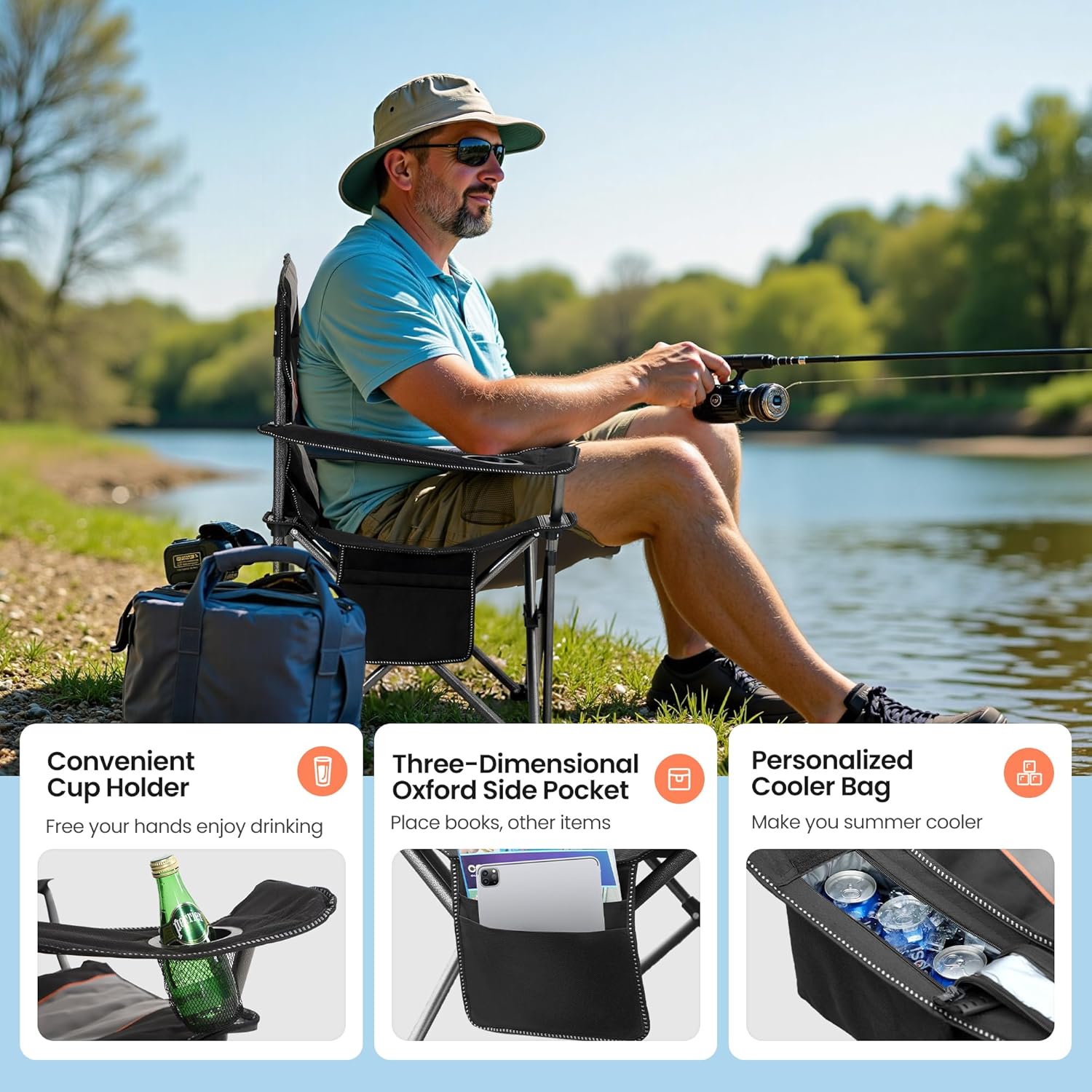 2 Pack Oversized Folding Camping Chairs Lawn Chairs Support 450 LBS Black