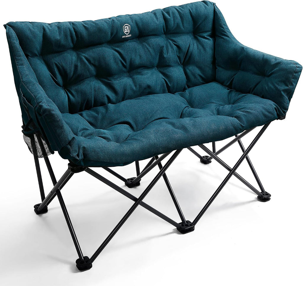 EVER ADVANCED Double Camping Chair for Adults, Padded Folding Camping Love Seat with Side Pocket Portable Camping Couch, Two Person Heavy Duty Folding Outdoor Chair with Cushion,Support 600lbs,Green