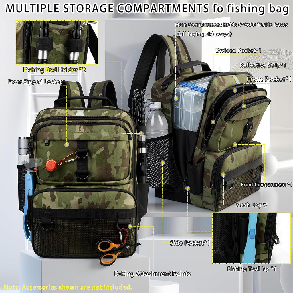 Fishing Backpack with Tackle Boxes and Rod Holder, Fish Lure Kit and Tool