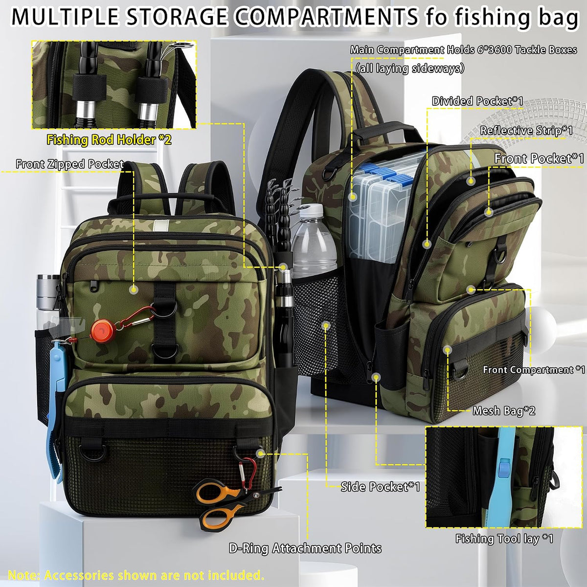 Fishing Backpack with Tackle Boxes and Rod Holder, Fish Lure Kit and Tool