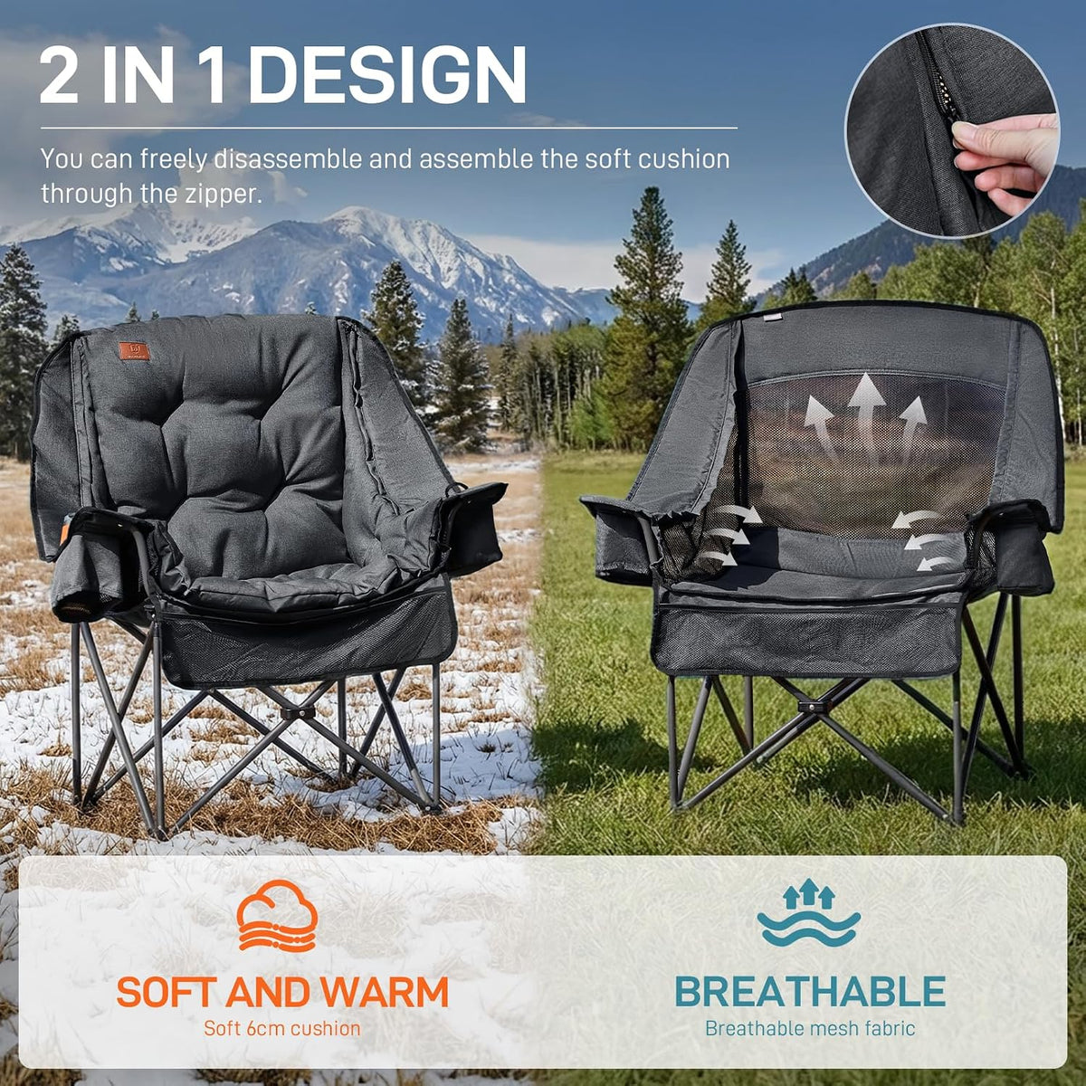 EVER ADVANCED XL Camping Chair with Detachable Cushion Support 400LBS Black