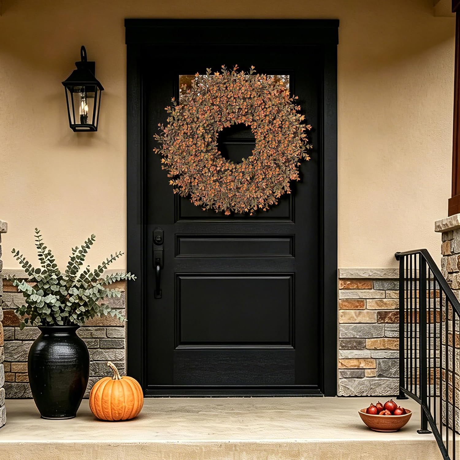 26'' Fall Wreath for Front Door, Artificial Autumn Boxwood Wreath Outdoor