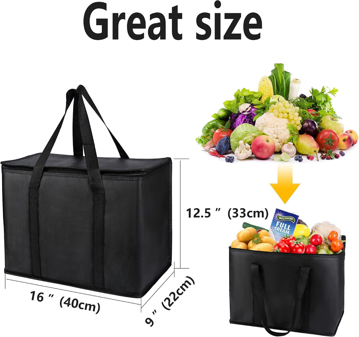 2 pack Additional Bottom Plate Black Insulated Grocery shopping bag , Delivery,pizza,reusable bags, Sturdy zipper,Collapsible,tote,cooler,thermal,Beach,waterproof heavy duty