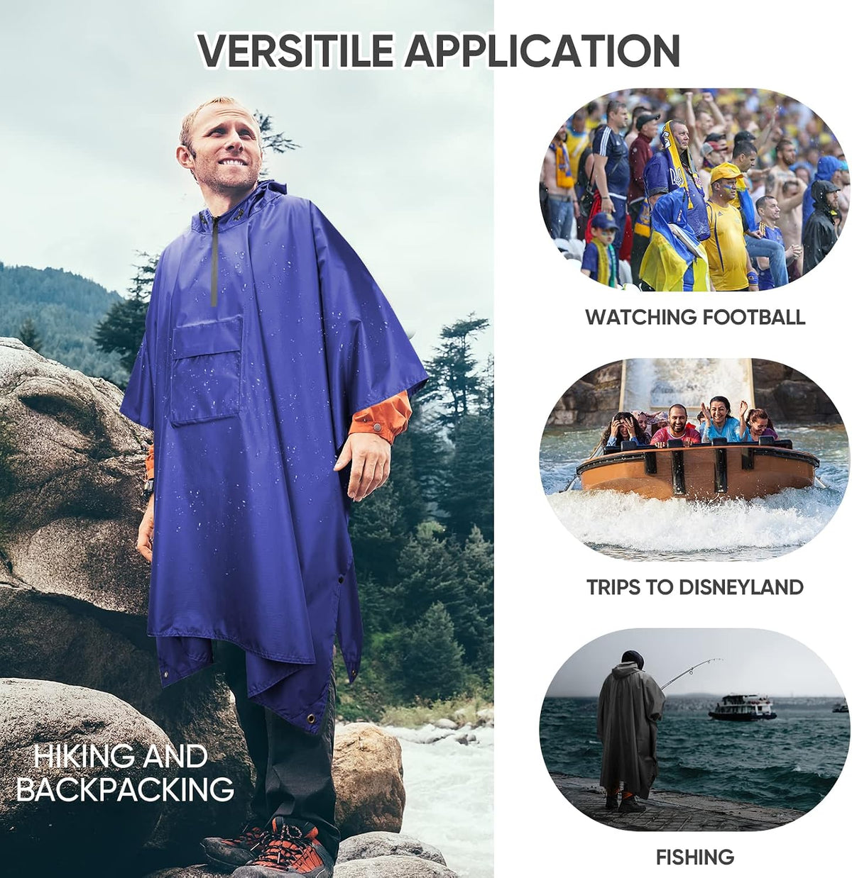 PTEROMY Hooded Rain Poncho for Adults, Reusable Waterproof Raincoat