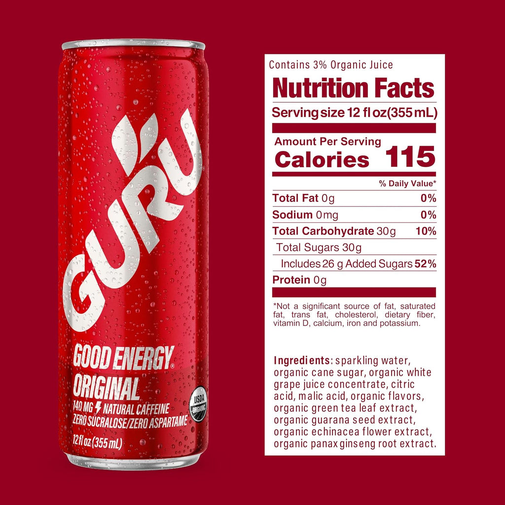 GURU Organic Energy Drink, Original, Natural Caffeine, 12 Fl Oz, 12 Pack