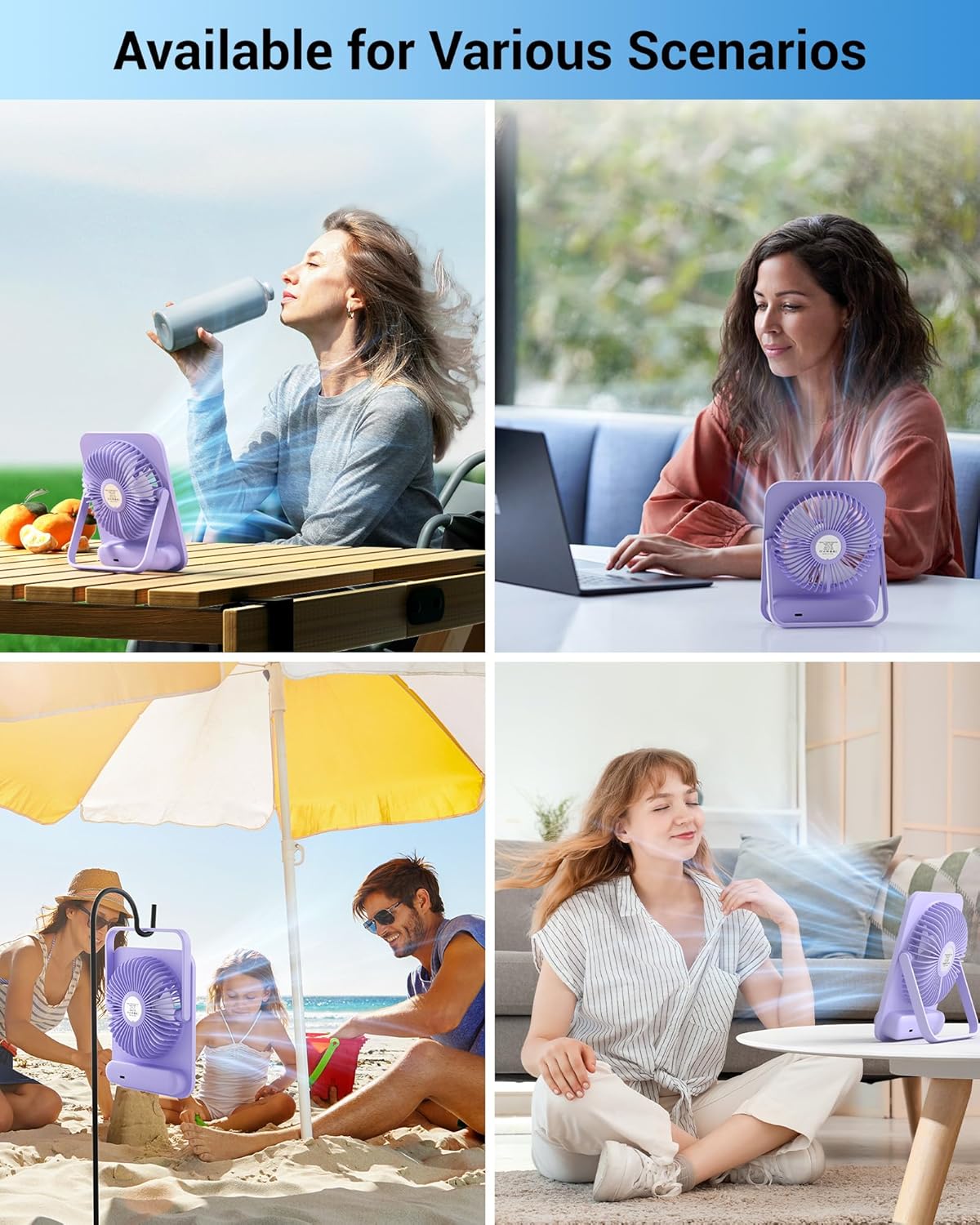 WHATOOK Small Desk Fan Personal Fans: 5000mah 25 Hours Battery Office Quiet Mini Desktop Fan Portable Rechargeable Travel Essentials (Black & Purple, Milliamp Hours, 2000)
