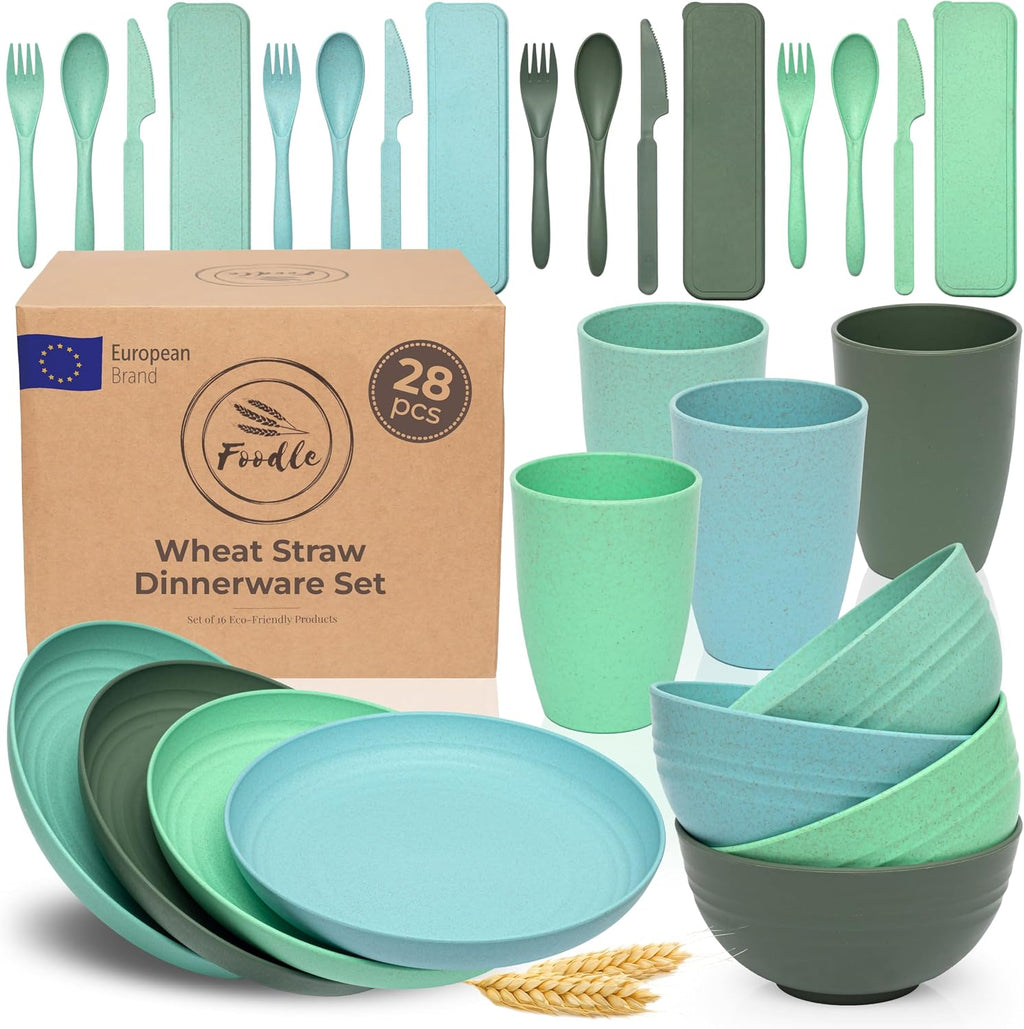 FOODLE Wheat Straw Dinnerware Set - RV, Camping, Picnic Plates Cups & Bowls